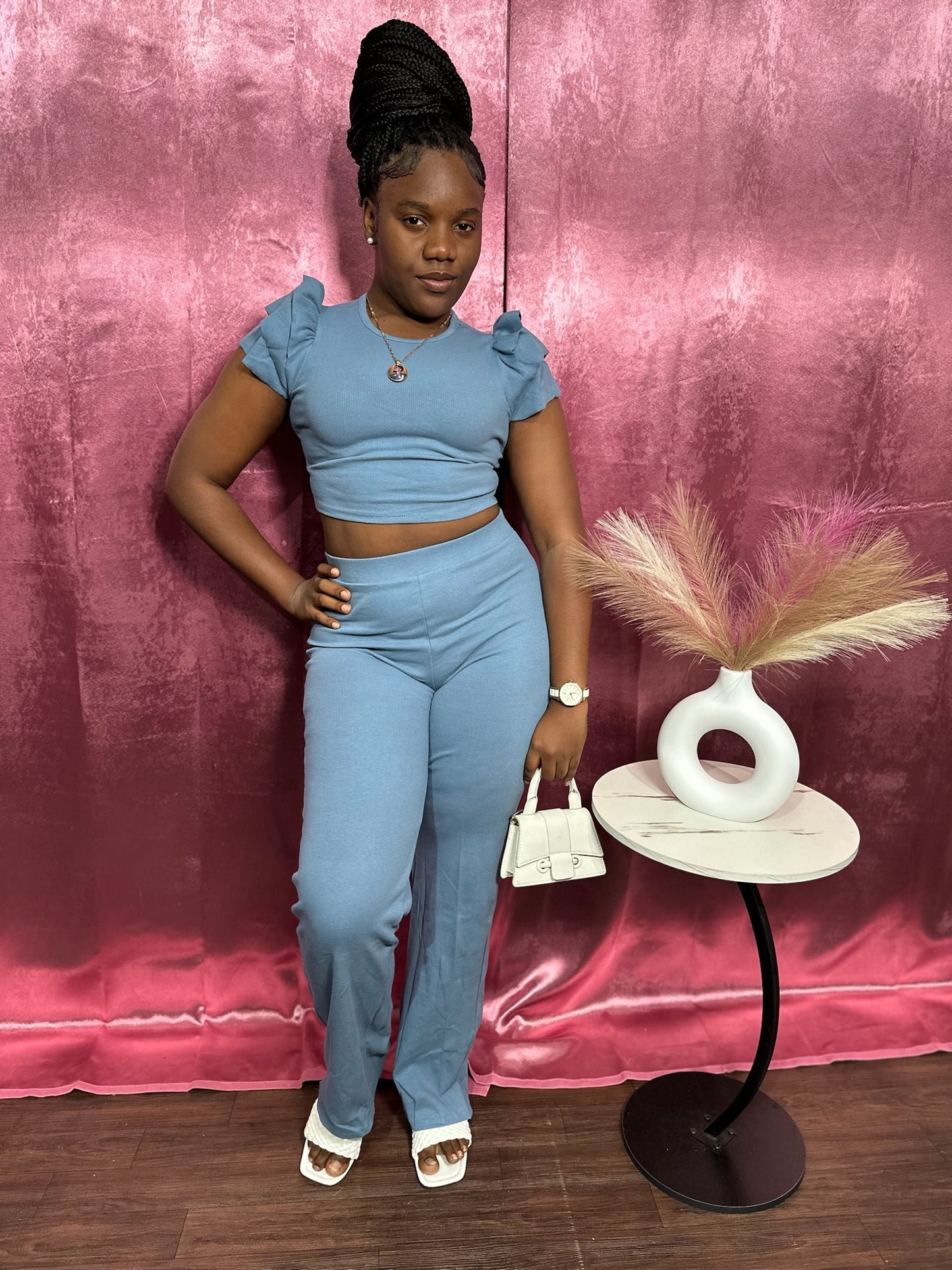 PUFF SLEEVE RIBBED FLARE SET