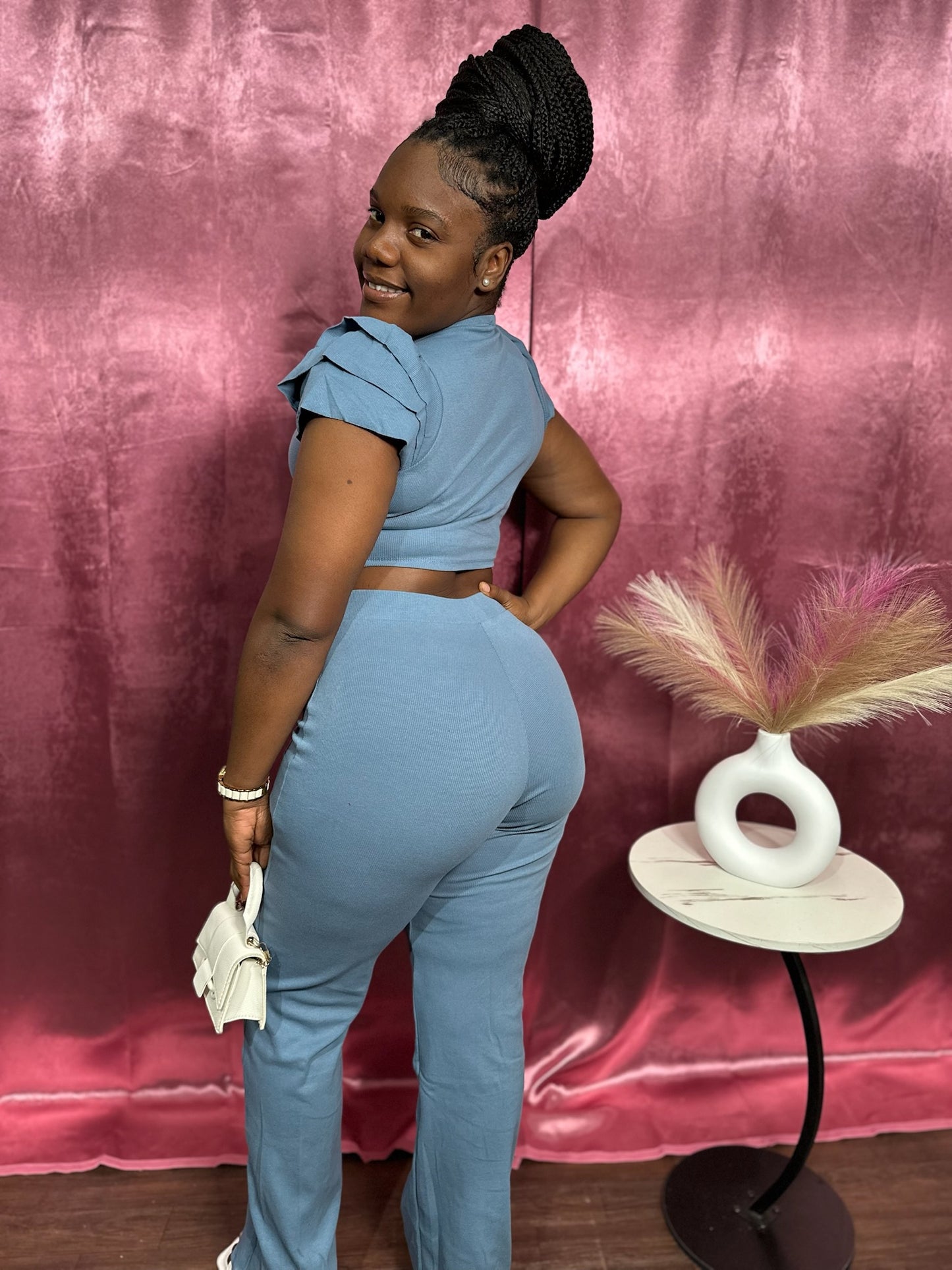 PUFF SLEEVE RIBBED FLARE SET