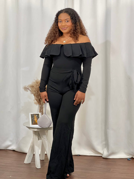 RUFFLED OFF-SHOULDER JUMPSUIT