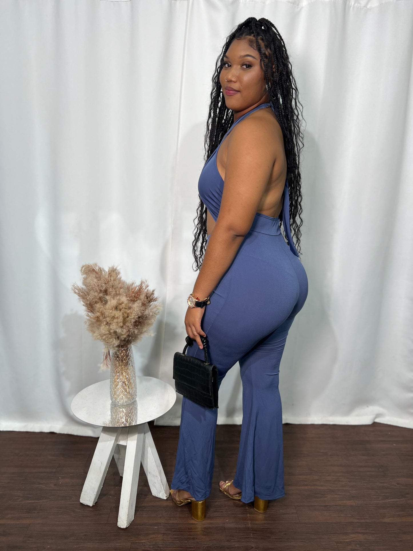 CRISS-CROSS HALTER NECK, BACKLESS JUMPSUIT