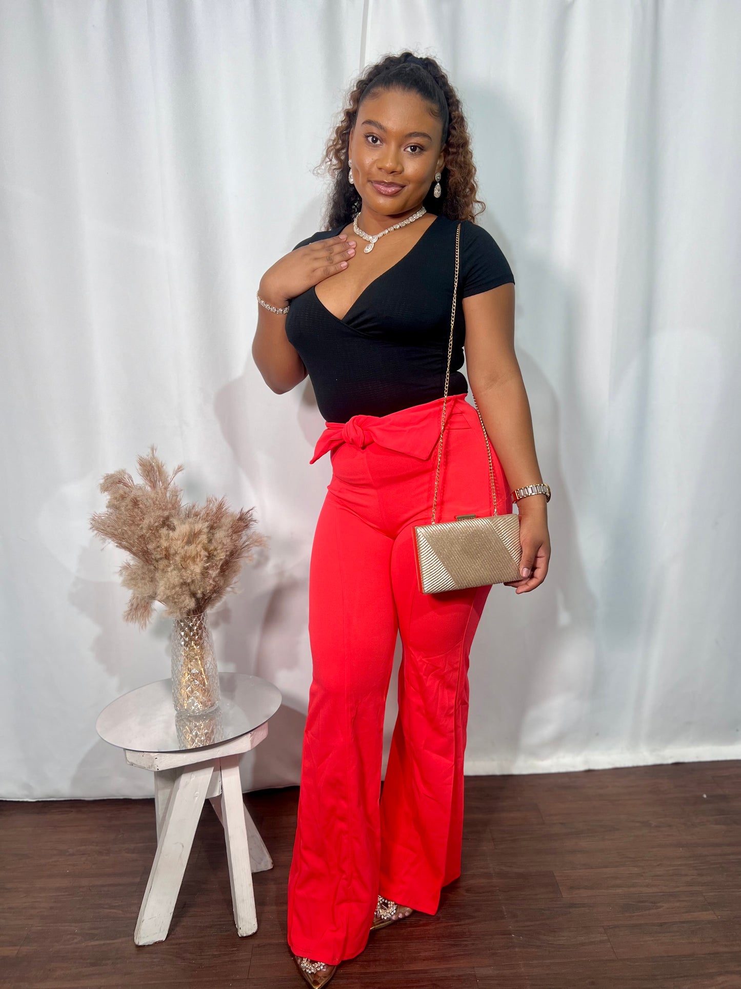 TIE-BELT FLARED-LEG PANTS