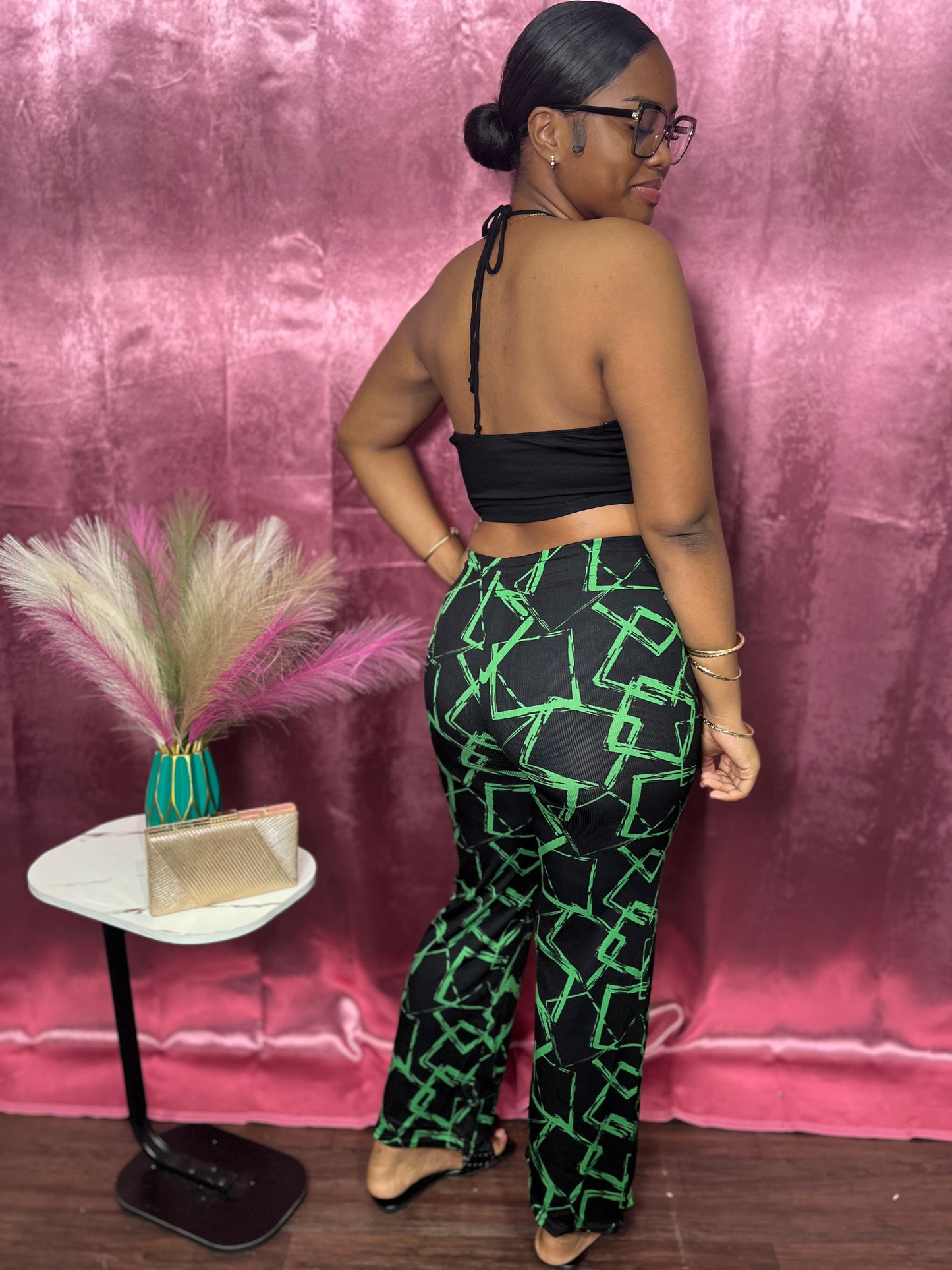 PRINTED RIBBED DRAWSTRING PANTS