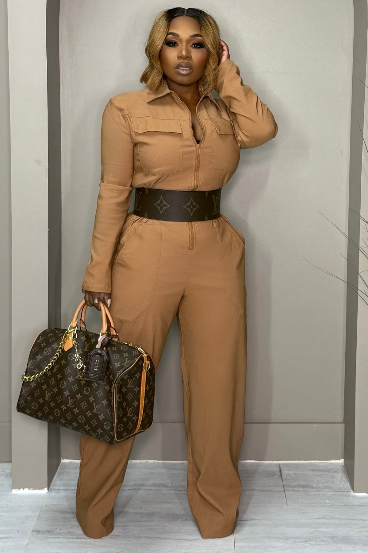 LONG SLEEVE WIDE LEG CARGO JUMPSUIT