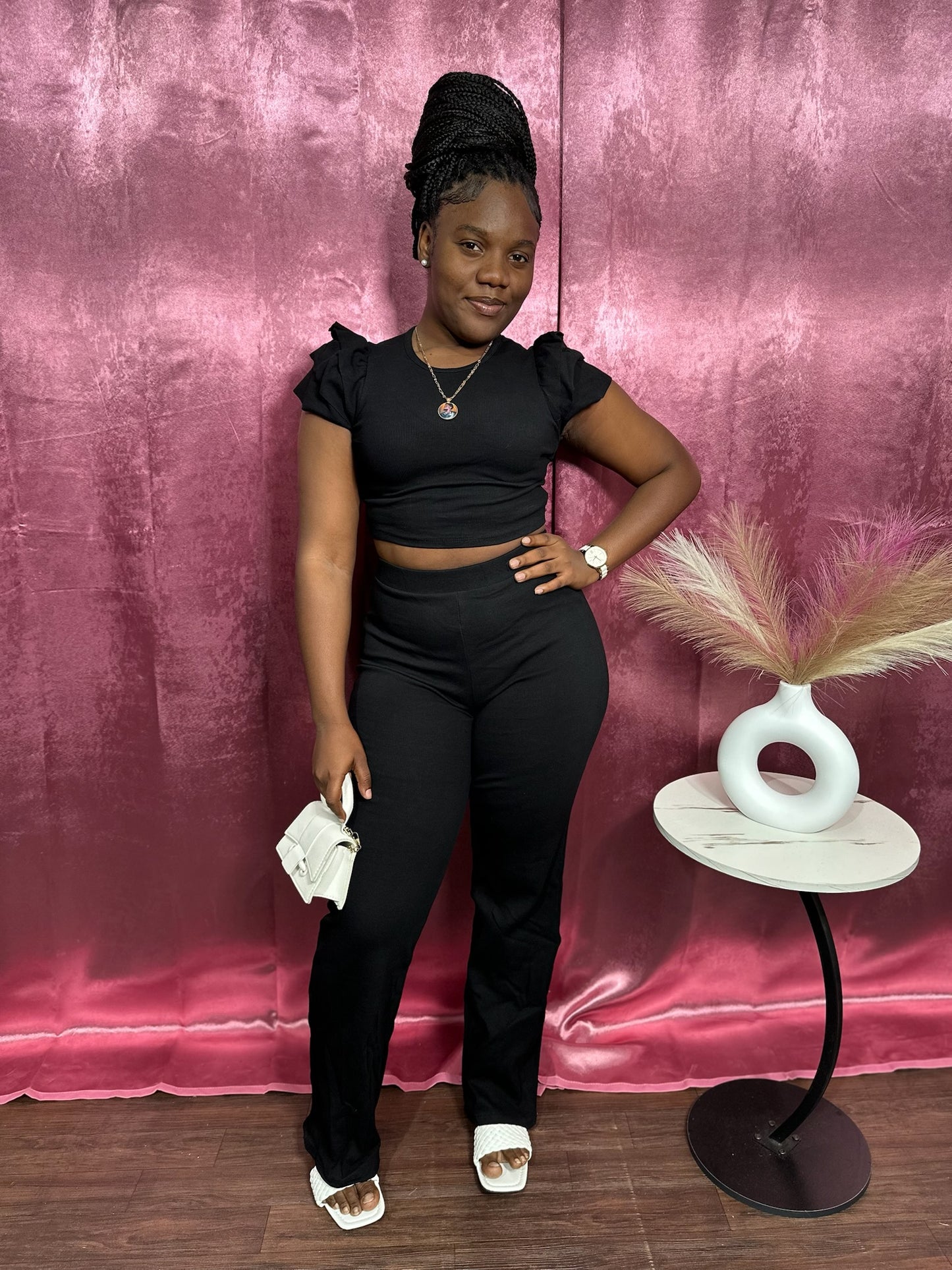 PUFF SLEEVE RIBBED FLARE SET