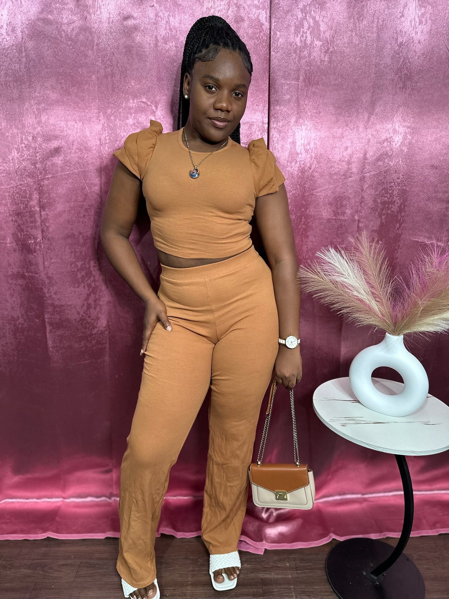 PUFF SLEEVE RIBBED FLARE SET