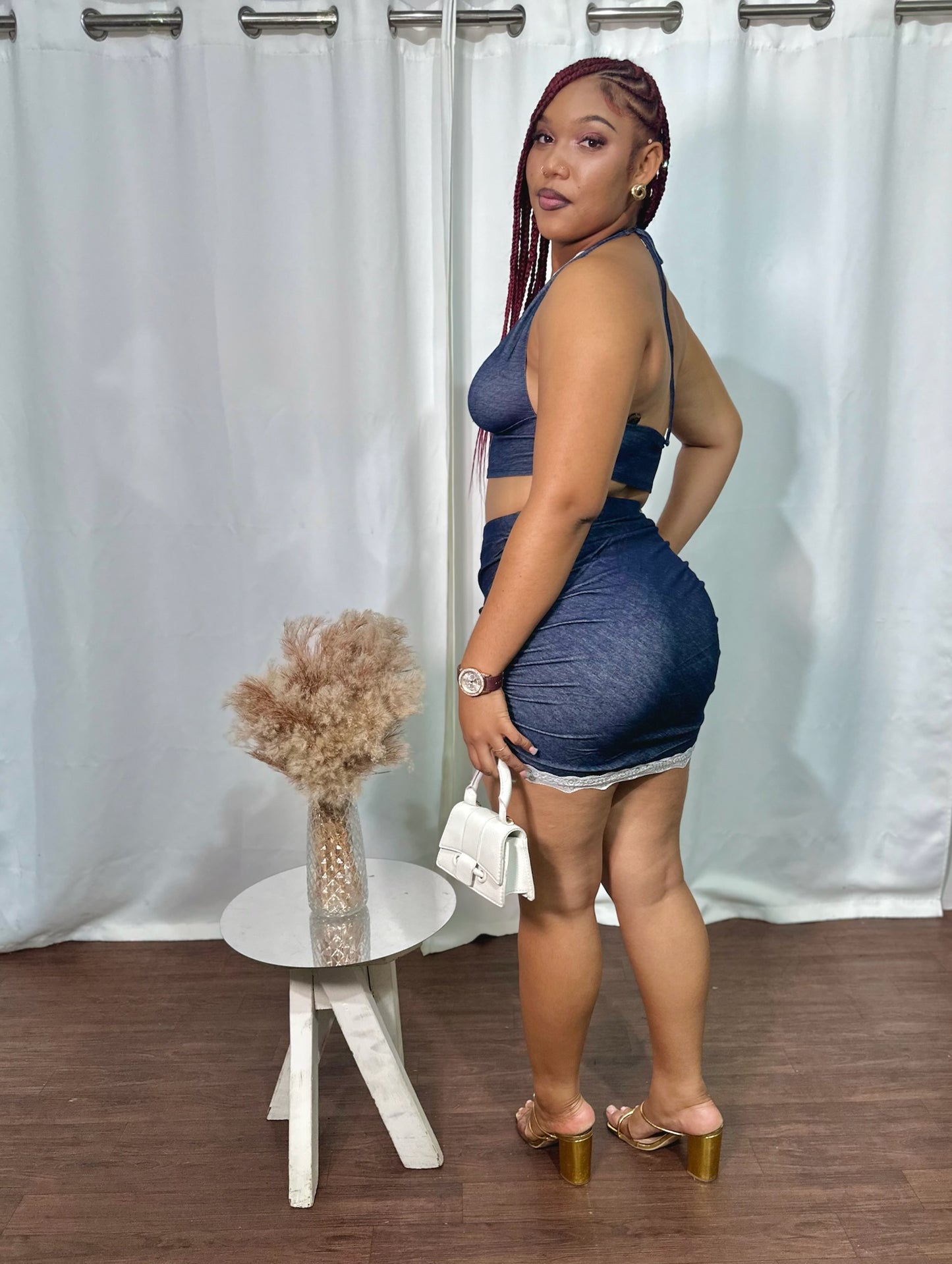 DENIM LACE TRIM 2PC SKIRT SET