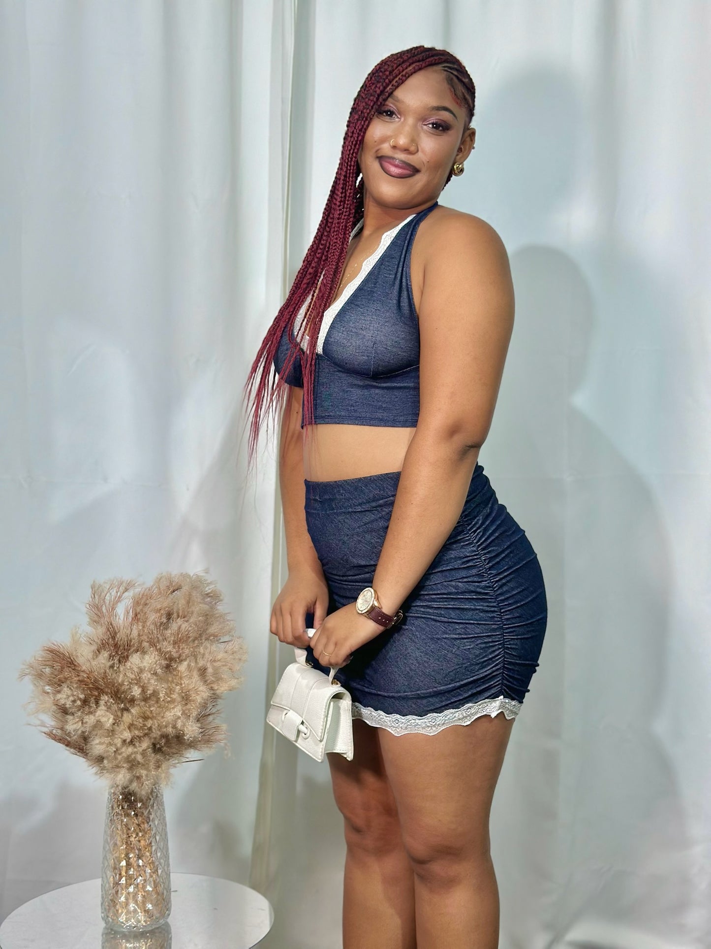 DENIM LACE TRIM 2PC SKIRT SET