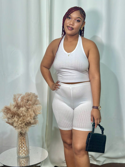 RIBBED HALTER BIKER SHORT SET