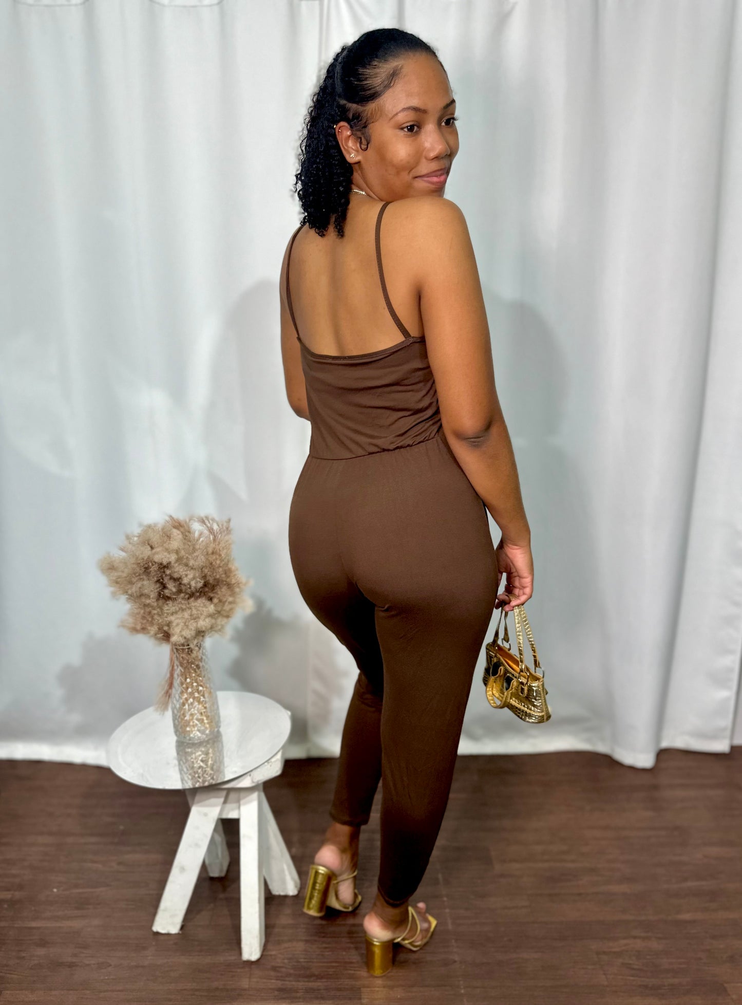 SPAGHETTI STRAP, ELASTIC WAIST BAGGY JUMPSUIT